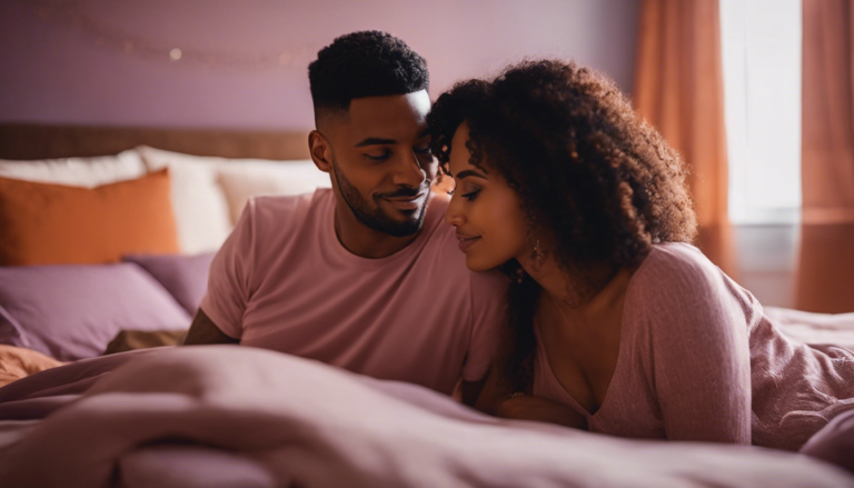 A couple being intimate in a pibk bedroom