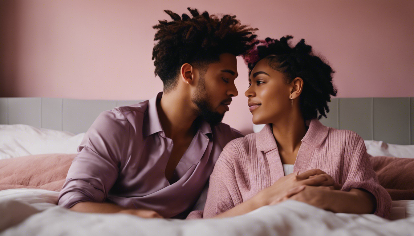 A man and woman sitting on a bed looking at each other