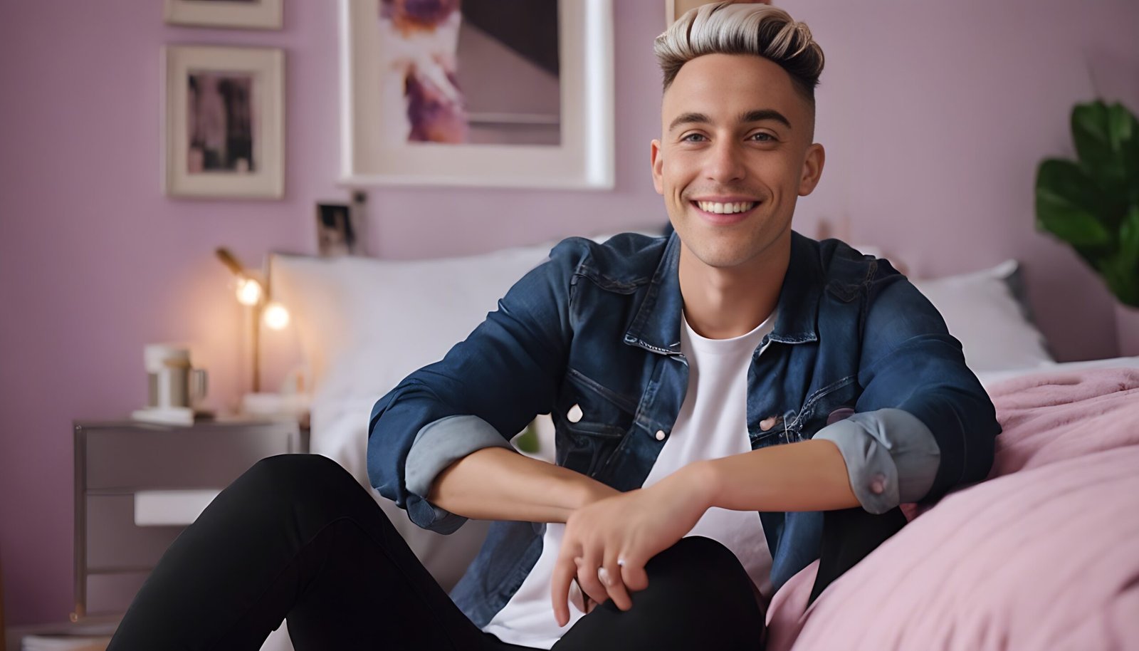 A man sitting on a bed in a pink bedroom